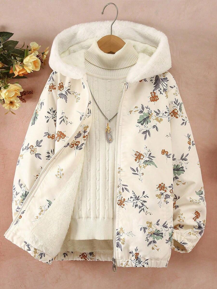 SHEIN 青少年女孩蓬松领拉链连帽全印花保暖内衬冬季夹克