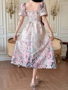 DAZY Women's Floral Print Elegant Waist Cinched Party Dress - Baby Pink - View 3