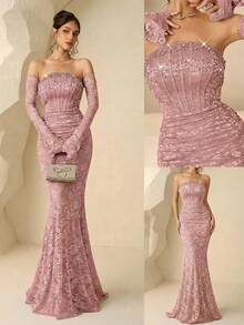 Coutiva Đầm dạ hội sang trọng, váy dạ hội cao cấp, kiểu dáng thanh lịch và tinh tế dành cho phái nữ. - Hồng - Xem 1