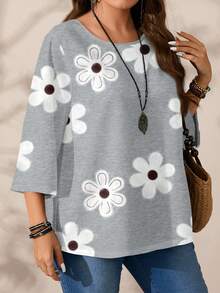 EMERY ROSE Plus Size Women Floral Print Casual Loose Fit 3/4 Sleeve Shirt, Suitable For Spring/Summer Spring - Multicolor - View 5