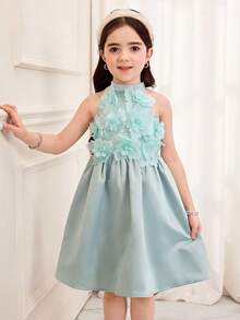 SHEIN Young Girl Solid Color 3D Floral Sleeveless Pullover Dress - Green - View 10