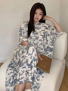 Dazy Plus 大码女式印花撞色蕾丝边宽松长款睡裙，春夏优雅睡衣 - 藍色 - 查看 2