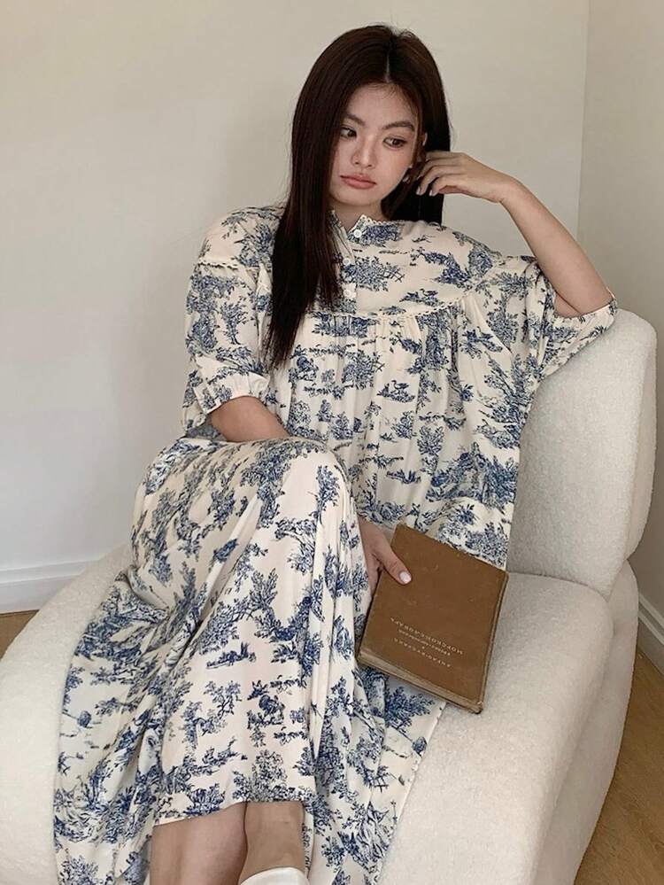 Dazy Plus Plus Size Women Floral Print Contrast Lace Trim Loose Long Nightgown, Elegant Sleepwear For Spring & Summer