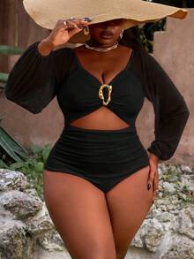 Slaydiva 2pcs Plus Size Women's Neon Orange Long Sleeve Hollow-Out Metallic Embellished One-Piece Swimwear For Daily Wear, Summer Beach Holiday - Black - View 3