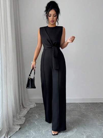 SHEIN Elenzya Women's New Black Woven Crew Neck Sleeveless Cinched Waist Bow-Tie Loose Wide Leg Jumpsuit, Elegant, Casual, Comfortable, Minimalist, Suitable For Work, Vacation, Daily Wear, Spring/Summer