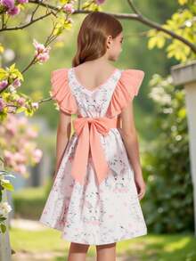 SHEIN 女童休闲碎花连衣裙，配可拆卸大蝴蝶结，春夏款 - 彩色 - 查看 2