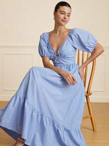 BELROSIE V-Neck Striped Hollow Metallic Star Decor Puff Sleeve Waist Cinched Flared Short Sleeve Dress - Blue and White - View 6