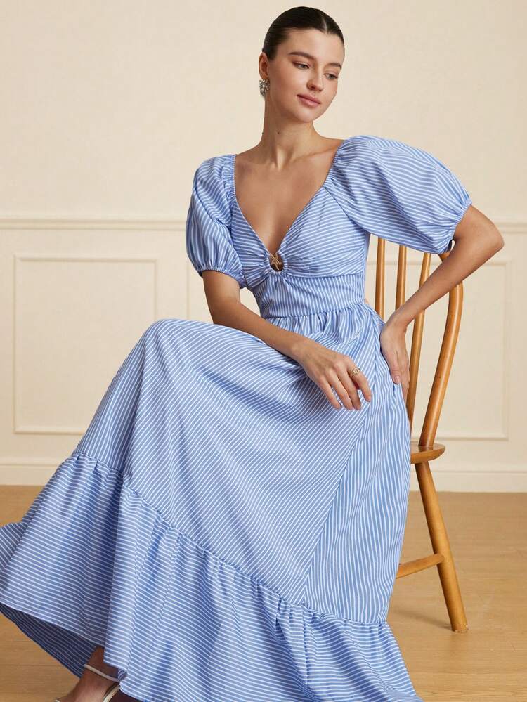 Aveloria Rosie Vestido de manga corta acampanada con cuello en V, rayas, decoración de estrella metálica hueca, mangas abullonadas y cintura ceñida - Azul y blanco - Añade 6