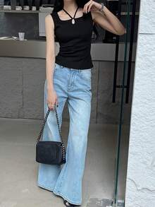 FRIFUL Camiseta de tirantes ajustada de unicolor para mujer, versátil para primavera y verano - Negro - Ver 4