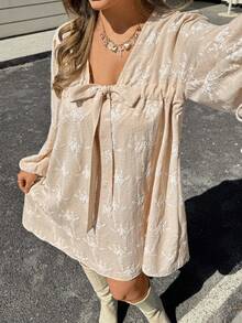 Lounesse Plus Size Women Floral Embroidery Knot Design Casual Everyday Dress With Lantern Sleeves Beige Dress Long Sleeve Summer Dresses French Style Dress Cottagecore Dress Spring Outfit Women Spring Dress For Women - White - View 2