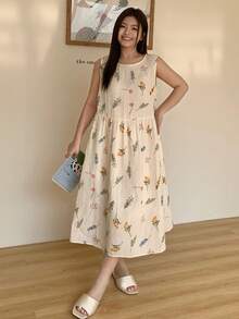 Dazy Plus Floral Print Cute Round Neck Long Nightgown, Spring/Summer Sleepwear - Apricot - View 4