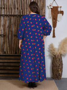 SHEIN Najma 大码女式花卉植物数码印花撞色圆领褶裥设计腰部A字中长连衣裙，春季 - 彩色 - 查看 2