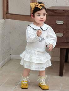 DAZY Toddler Girls' Peter Pan Collar Cartoon Embroidery Korean Style Long Sleeve Top - White - View 8