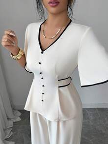 Elenzga Bộ đồ nữ mùa xuân/hè mới màu mơ và đen gồm áo sơ mi cổ chữ V tay phồng thắt nơ cài nút và quần dài ống rộng cạp cao có chun, túi, đa năng, thoải mái, thanh lịch và thời trang cho trang phục hàng ngày. - Màu be - Xem 3