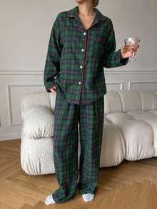 Dazy Tall Tall Women's Plaid Button-Up Shirt & Pants 2 Pieces Casual Set - Dark Green - View 6