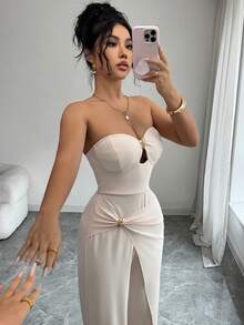 Elenzga Urban Chic 新款春夏杏色弹力抹胸扭结金属环装饰高腰阔腿连体裤，适合日常穿着、婚礼、正式场合、通勤、毕业派对、假日、约会、聚会、万圣节、圣诞节、新年、感恩节等场合。 - 杏色 - 查看 7