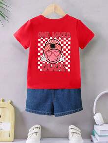 男童休闲时尚舒适简约百搭创意趣味情人节棋盘格及人脸字母印花短袖T恤，适合春夏郊游、运动、派对等场合。 - 紅色 - 查看 2