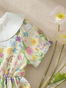 Souflis Souflis 法国新款复活节女婴黄色兔子花园图案彼得潘领短袖连衣裙，适合居家、外出及各种场合穿着。 - 黃色 - 查看 12