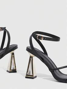 CUCCOO SZL Women's Square Toe Metal Asymmetric High Heel Black Thin Strap Ankle Strap Fashion Sexy Party Nightclub Ladies High Heel Open Toe Strap Sandals Valentine's Day - Black - View 6