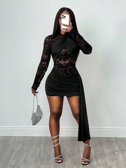 Mistrie Lace Patchwork Bodycon Dress, Black Lace Patchwork Dress With Criss-Cross V-Neck, Long Sleeve, Hollow Out, Fitted, Asymmetric Ruched Slit Sexy Club Party Dress