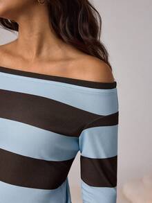 Aidyla Women's Cold Shoulder Top And Low-Waist Shorts, Casual Fashionable Streetwear Blue And Brown Striped 2-Piece Set - Multicolor - View 7