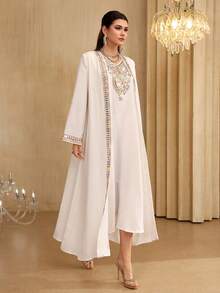 Al Najma 彩色刺绣织带拼接无袖连衣裙，带可拆卸领子 - 白色 - 查看 4