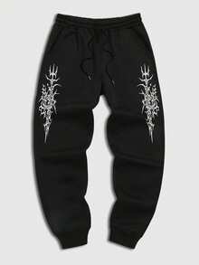 Coreblaze Conjunto deportivo de camiseta de manga raglán con estampado gótico y pantalones con cordón en la cintura para hombre, conjunto de gimnasio y entrenamiento - Negro - Ver 3