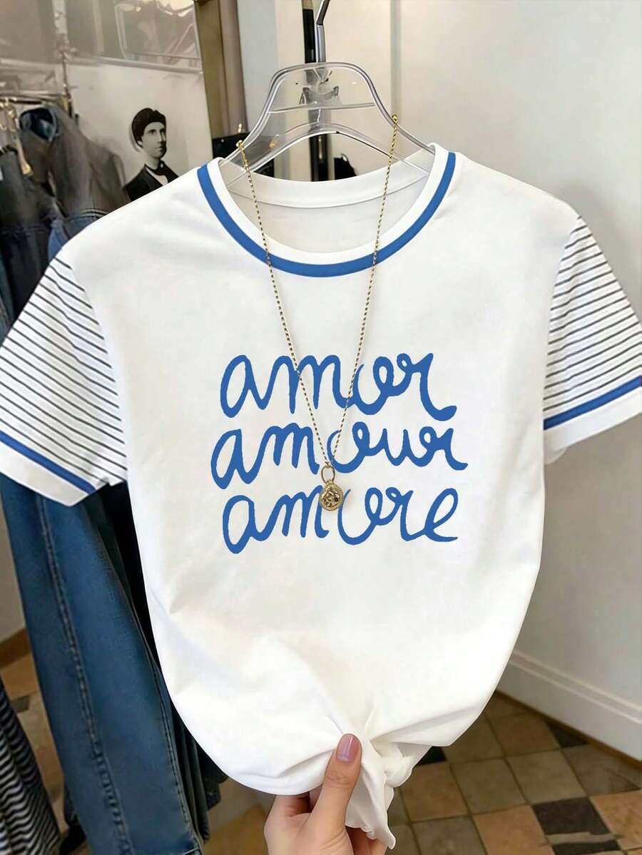 Resyla Áo thun nữ kiểu dáng thường ngày in chữ, kẻ sọc, phối màu, cổ tròn, tay ngắn, phù hợp mặc hàng ngày. - Màu xanh bụi bặm - Xem 1