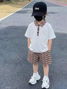 SHEIN 2pcs/Set Young Boys Casual Comfortable Retro College Pattern Full Print Shorts & White Short Sleeve Polo,Summer,School,Back-To-School Fashion Outfit - White - View 9