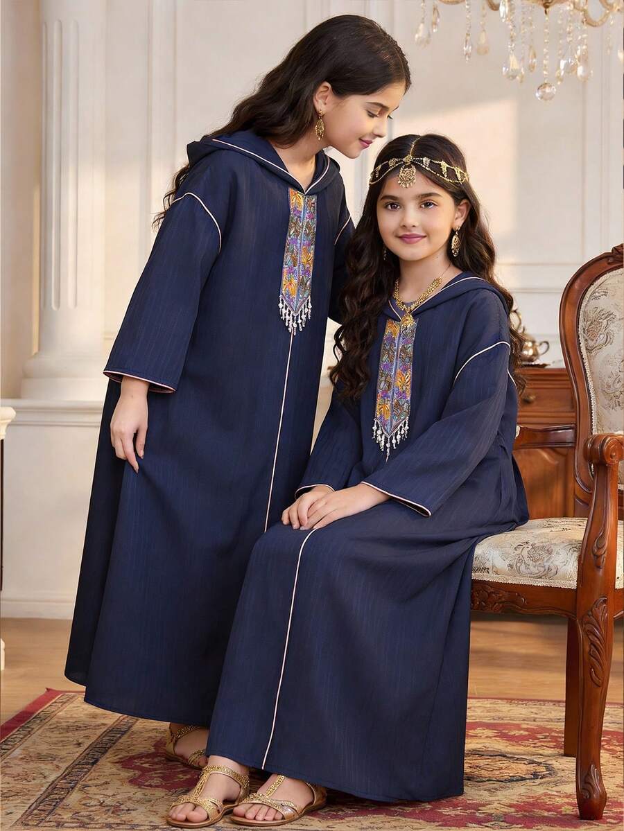 Tween Girls' Spring/Summer Casual Vacation Embroidered Ribbon, Faux Pearl & Tassel Hooded Flare Sleeve Robe, Navy Blue - Blue - View 1