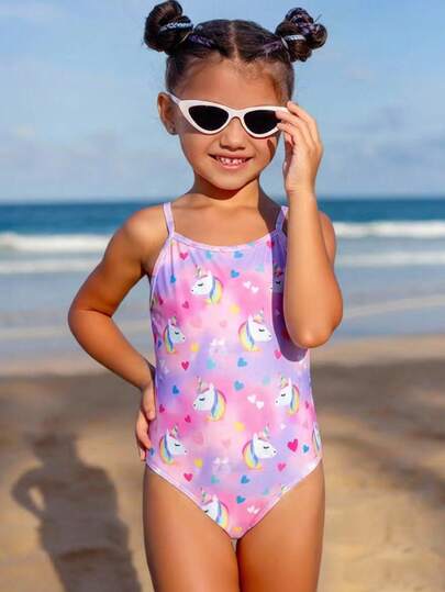 Young Girl Cute Multi-Color Heart & Pony Print One-Piece Swimsuit Girls Unicorn Bathing Suit Kids Unicorn Swimsuit Unicorn Swimsuit For Girls Unicorn Swimsuit Girls Swimsuit