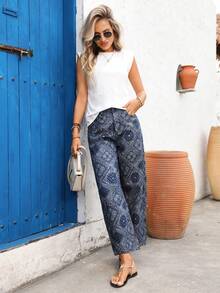 EMERY ROSE 女士宽松腰果花喇叭休闲牛仔裤 - 彩色 - 查看 4