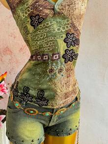 Sunnyshic 女士休闲度假优雅佩斯利印花波西米亚风V领短袖修身T恤，日常百搭 - 彩色 - 查看 4