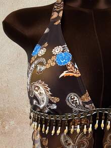 Zestiva Women's Bohemian Printed Beaded Pendant Fabric Tie-Up Halter Swimsuit Top, Summer