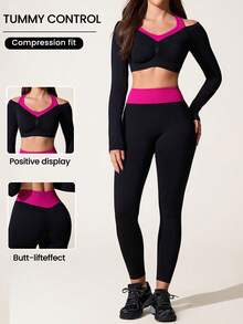 SHEIN Dewbera Bộ đồ thể thao nữ gồm áo dài tay và quần legging liền mạch phối màu tương phản, thích hợp cho yoga, tập luyện, thể dục, chạy bộ và mặc thường ngày. - Nhiều màu - Xem 1