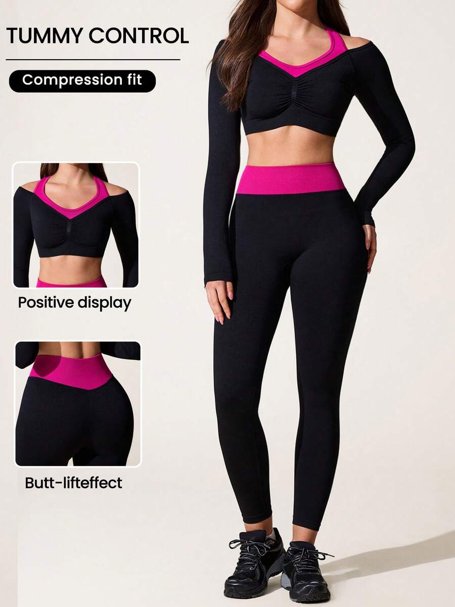SHEIN Dewbera Bộ đồ thể thao nữ gồm áo dài tay và quần legging liền mạch phối màu tương phản, thích hợp cho yoga, tập luyện, thể dục, chạy bộ và mặc thường ngày. - Nhiều màu - Xem 1