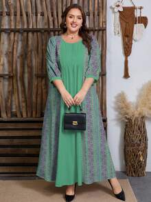 SHEIN Najma 大码女式印花绿色时尚圆领褶皱设计长袖收腰长款连衣裙，春季 - 彩色 - 查看 4