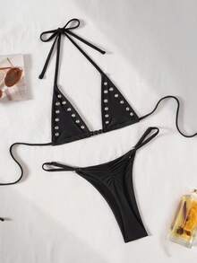 Swim SXY Bộ bikini mùa hè mới gợi cảm với đinh tán và khoét rỗng, kiểu dây buộc cổ. - màu đen - Xem 1