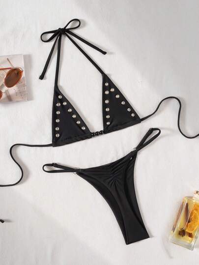 Swim SXY Bộ bikini mùa hè mới gợi cảm với đinh tán và khoét rỗng, kiểu dây buộc cổ.