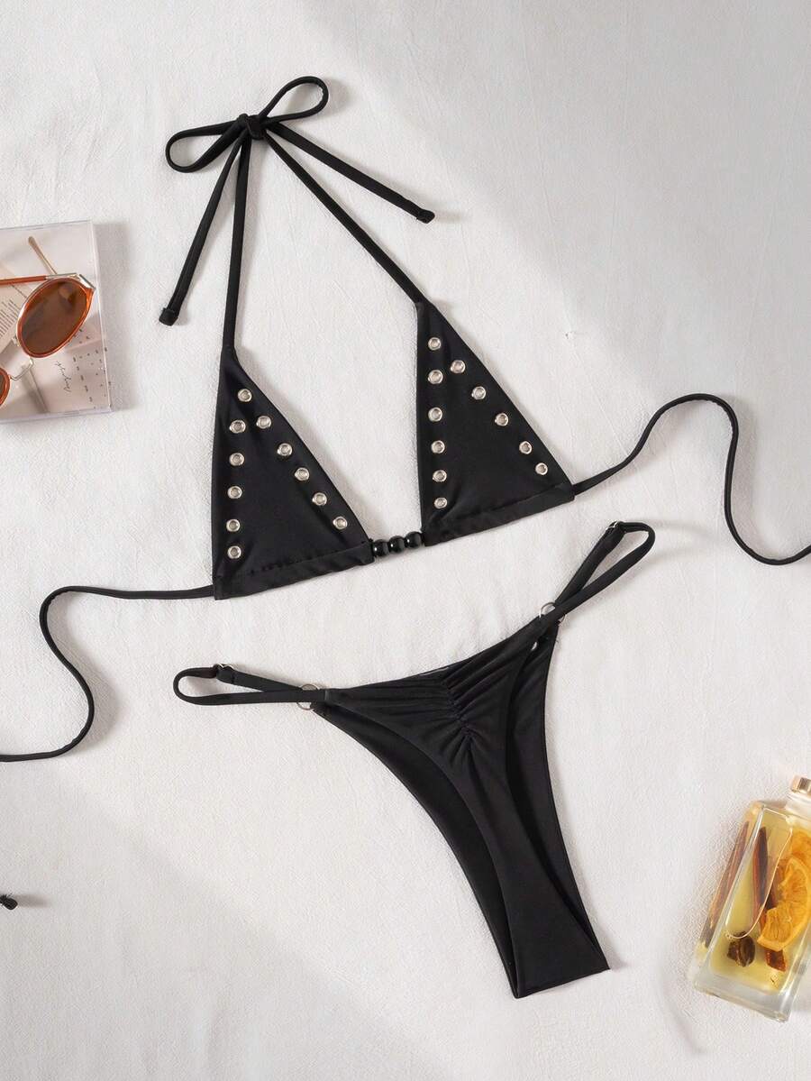 Swim SXY Bộ bikini mùa hè mới gợi cảm với đinh tán và khoét rỗng, kiểu dây buộc cổ. - màu đen - Xem 1