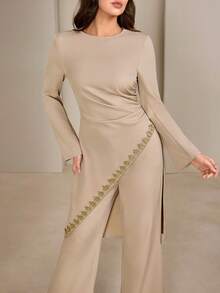 Graceveil Women's Apricot Crew Neck Long Sleeve Cinched Waist Asymmetric Hem Long Top & Flared Leg Casual Pants Set Two Piece Outfit - Apricot - View 4