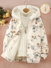 SHEIN 青少年女孩蓬松领拉链连帽全印花保暖内衬冬季夹克