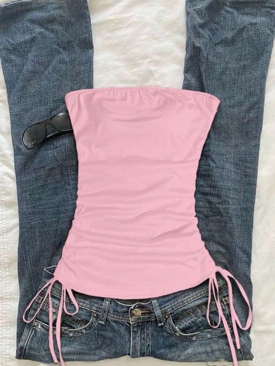 Attitoon Áo croptop nữ kiểu dáng thường ngày, có dây rút phía trước. - Màu Hồng baby - Xem 1