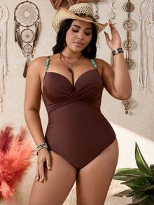 Swim Lushoire 大码女式纯色V领可调节肩带连体泳衣 - 棕色 - 查看 1