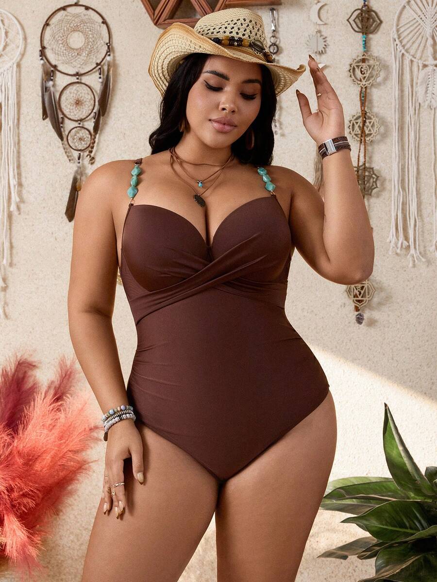 Swim Lushoire 大码女式纯色V领可调节肩带连体泳衣 - 棕色 - 查看 1