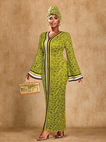 Brilight Đầm dài tay cổ chữ V dáng ôm, in họa tiết nhiệt đới thanh lịch dành cho nữ, thích hợp cho các buổi họp mặt và tiệc tùng, họa tiết Nam Phi, trang phục truyền thống Nam Phi, đầm mùa thu, đầm nữ, đầm dự tiệc thanh lịch. - Màu vàng - Xem 5