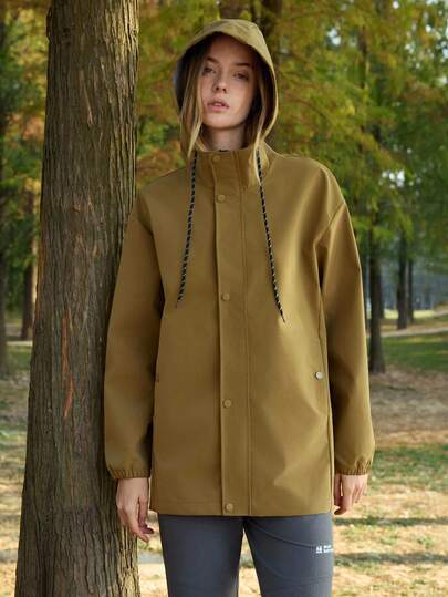 In My Nature Women's Solid Color Drawstring Hooded Zip Front Single-Breasted Casual Versatile Daily Outdoor Long Sleeve Jacket