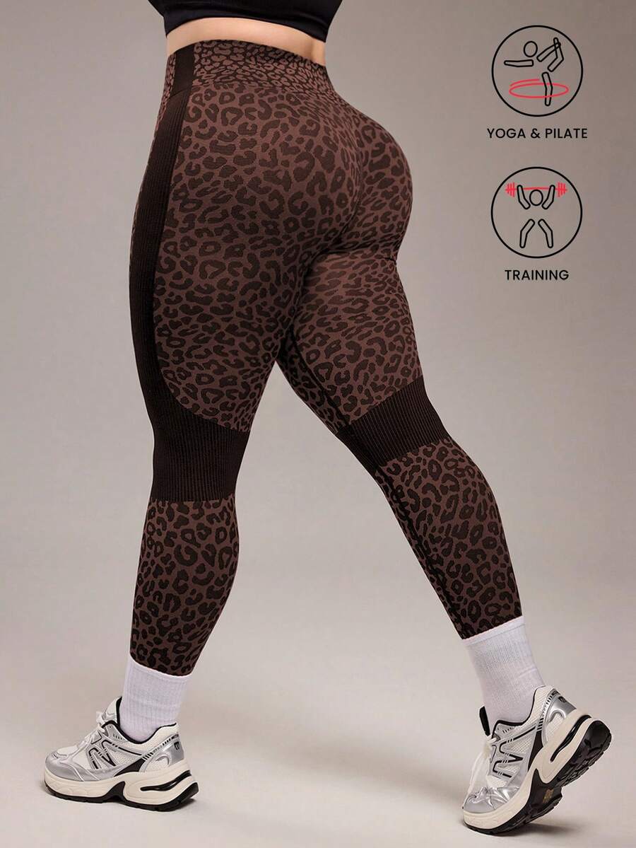 SHEIN Sports 1 件女式加大码豹纹侧条纹健身、跑步、锻炼、瑜伽紧身裤 - 彩色 - 查看 1