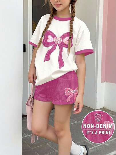 2 st/set Denimrosa, Vintage Patchwork Rosettdekor Avslappnad Löst Rund Hals Kortärmad T-shirt Och Shorts Set, Lämplig För Tonårsflickor Dagligen, Hemma, Semester, Campus, Helgdag, Vår & Sommar