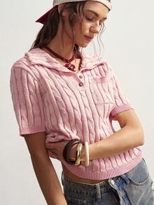 Bohemela 波西米亚风秋冬/春夏复古女式休闲粉色舒适优雅扭结串珠短袖针织Polo衫，采用特殊染色工艺打造柔和褪色效果，西部乡村风格，适合音乐会、派对、海滩度假、日常穿着、返校、外出、派对、圣诞节、情人节、2000年代、夏季假期、冬/春/夏三季穿着。 - 藕粉色 - 查看 3